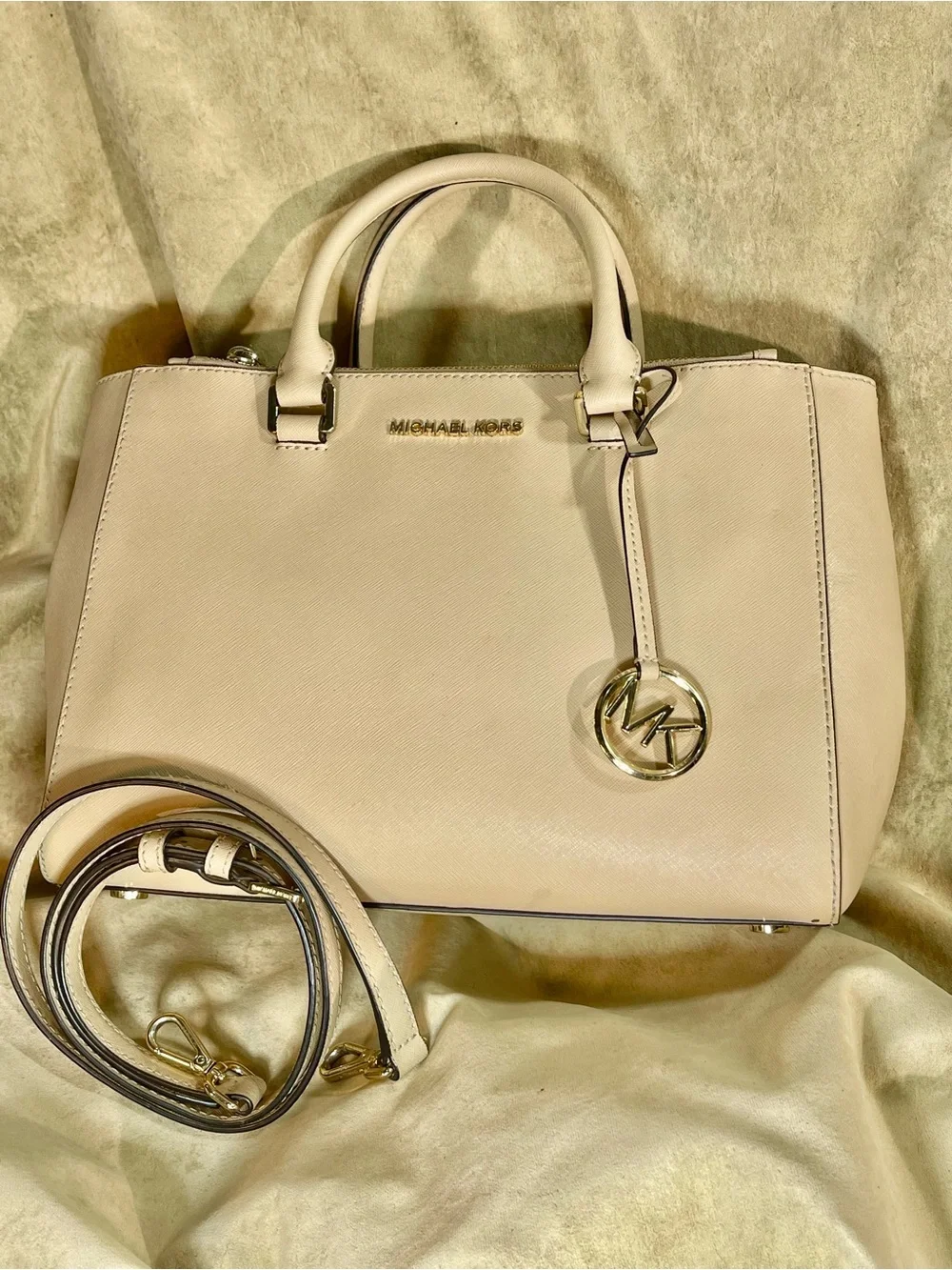 Michael Kors Beige Saffiano Leather Satchel with MK Charm